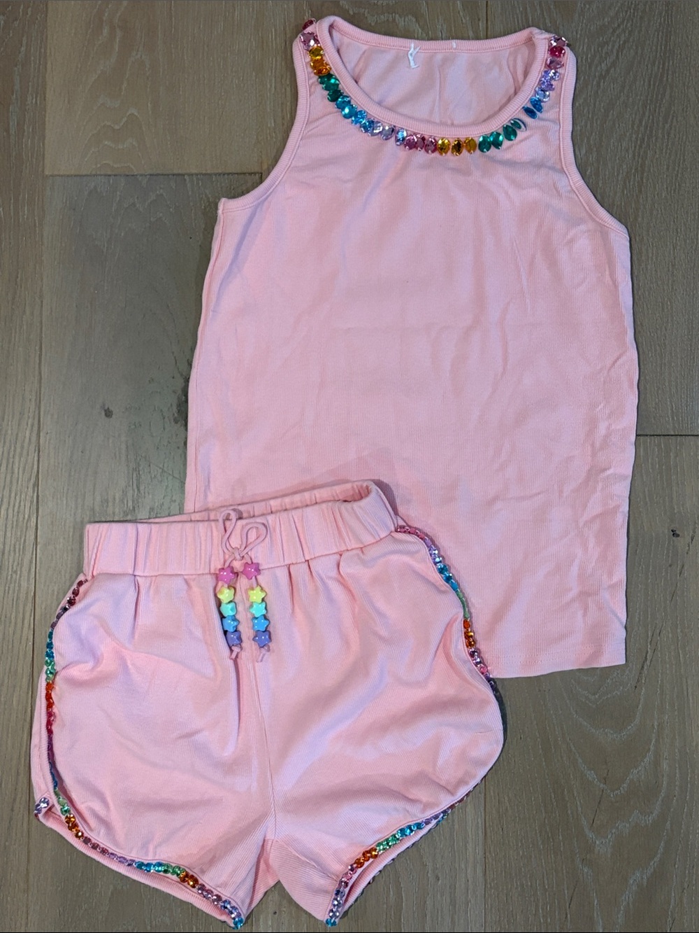 Lola + the boys Girls Pink Tank Top & Shorts Set with Rainbow Bead Trim